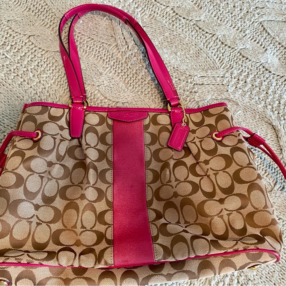 Coach Brown Signature Canvas Tote with Pink Trim